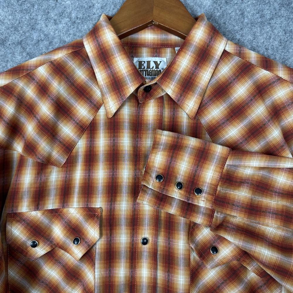 Ely Cattleman Shirt Mens M Burnt Orange Plaid Pearl Snaps Long Sleeve Sawtooth